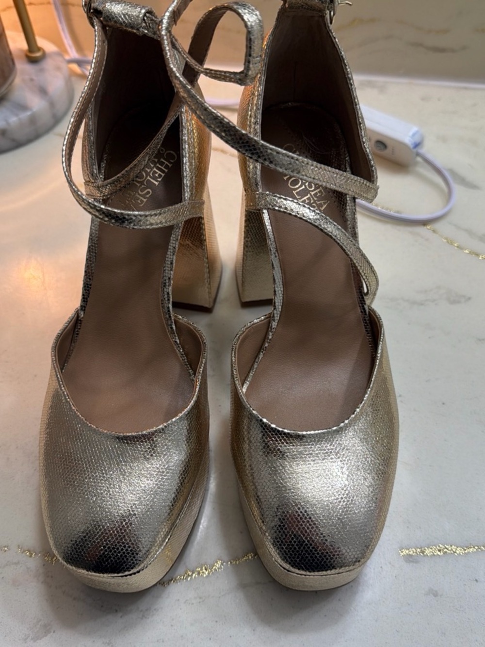 Chelsea & Violet Gold Crisscross Platform Block Heels
